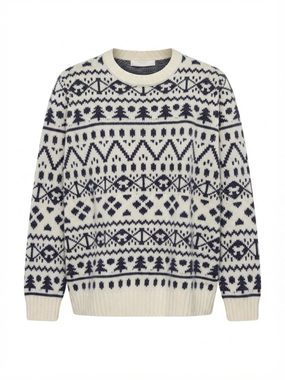 NWOT Susan Graver Jacquard Crew Neck Sweater Sz XL Black Ivory Fair Isle Knit